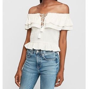 Express Textured Off the Shoulder Lace-up Peplum Top